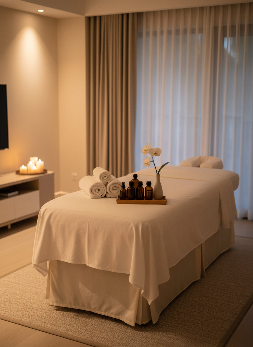 A meticulously organized luxury mobile massage setup arranged in a softly lit modern living room, photographed with high-end realism. A plush heated massage table draped in thick white hotel-grade linens stands centered on a pale woven rug, with neatly rolled ivory towels, a wooden tray of amber glass oil bottles, and a single white orchid in a slim vase. Warm, indirect evening light filters through sheer curtains, complemented by discreet floor uplighting that creates gentle, layered shadows. Scented candles flicker in the background on a low console, softly blurred by a shallow depth of field. Shot at eye level using the rule of thirds, the composition feels calm, sophisticated, and resort-like, bringing the ambiance of a five-star spa into a private home environment.