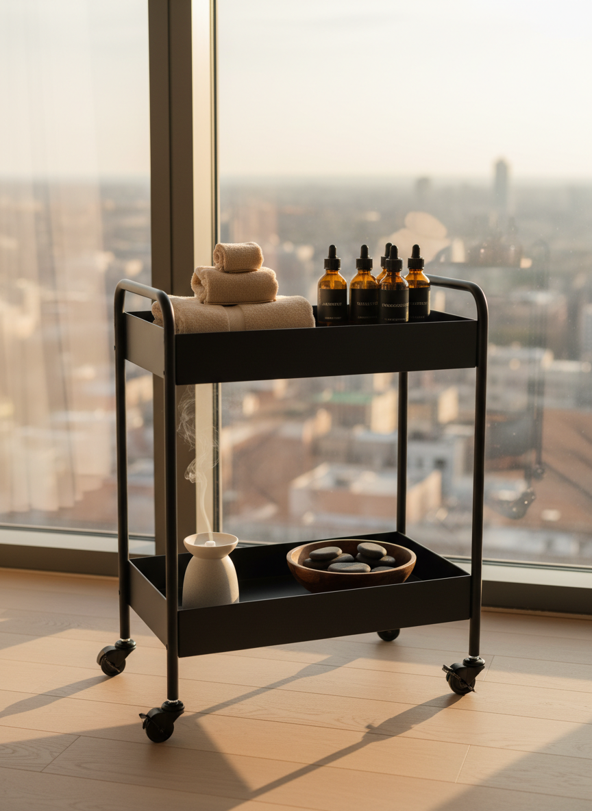 An elegant mobile spa cart styled for an in-home wellness experience, captured in photographic realism. The matte black, brushed-metal cart with smooth casters is neatly arranged with folded Egyptian cotton towels, neatly labeled essential oil bottles, a small stone diffuser emitting a delicate wisp of vapor, and a polished wooden bowl filled with smooth basalt massage stones. The cart is positioned beside a floor-to-ceiling window in a contemporary apartment, with late afternoon golden light streaming in, casting refined highlights on the metal edges and soft shadows on the pale hardwood floor. The background shows a blurred city skyline, emphasizing a quiet sanctuary above the bustle. Shot from a slightly elevated angle with a shallow depth of field, the mood is serene, luxurious, and discreetly urban.