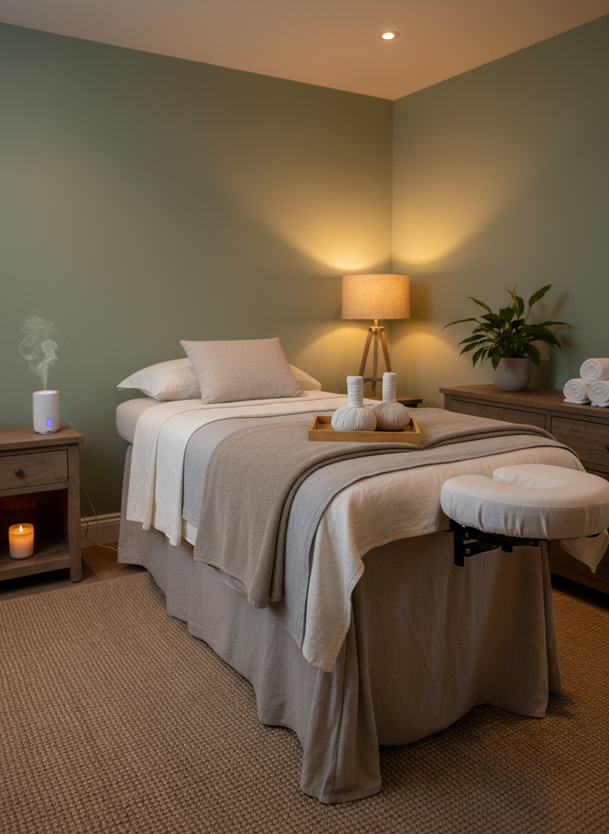 A serene bedroom transformed into a private spa sanctuary, with a portable massage table as the focal point, rendered in crisp photographic detail. The table is dressed in layered, neutral-toned linens and a plush taupe blanket, with an ergonomically shaped face cradle and a small tray of herbal compresses at the head. On the nightstand, a ceramic diffuser emits a soft mist, next to a lit beeswax candle in frosted glass. Overhead, dimmable recessed lights provide a warm, adjustable glow, while a single table lamp adds a gentle pool of light. The mood is cocooned and tranquil, with soft shadows and warm highlights. Shot from a corner of the room at a three-quarter angle, using a balanced composition that showcases both the familiar bedroom elements and the elevated spa setup.