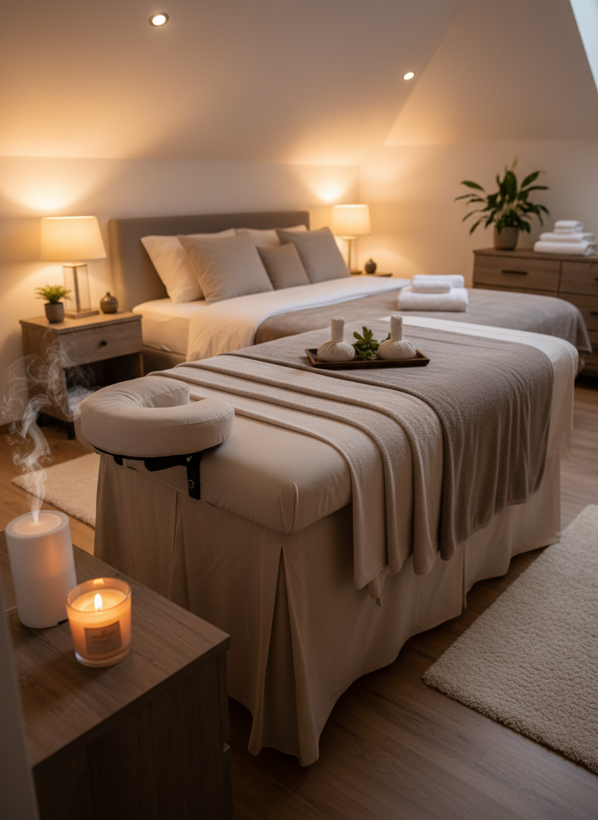 A serene bedroom transformed into a private spa sanctuary, with a portable massage table as the focal point, rendered in crisp photographic detail. The table is dressed in layered, neutral-toned linens and a plush taupe blanket, with an ergonomically shaped face cradle and a small tray of herbal compresses at the head. On the nightstand, a ceramic diffuser emits a soft mist, next to a lit beeswax candle in frosted glass. Overhead, dimmable recessed lights provide a warm, adjustable glow, while a single table lamp adds a gentle pool of light. The mood is cocooned and tranquil, with soft shadows and warm highlights. Shot from a corner of the room at a three-quarter angle, using a balanced composition that showcases both the familiar bedroom elements and the elevated spa setup.