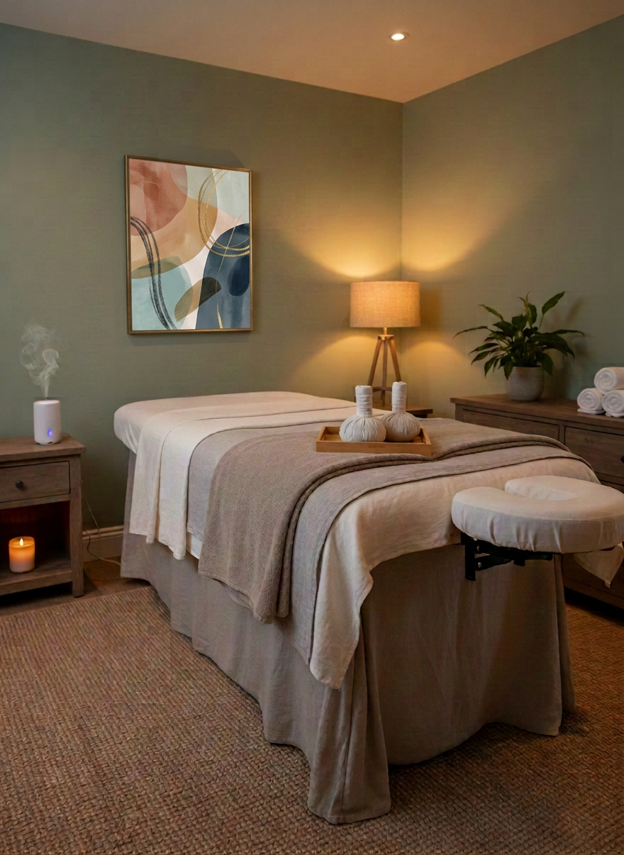 mobile massage A serene bedroom transformed into a private spa sanctuary, with a portable massage table as the focal point, rendered in crisp photographic detail. The table is dressed in layered, neutral-toned linens and a plush taupe blanket, with an ergonomically shaped face cradle and a small tray of herbal compresses at the head. On the nightstand, a ceramic diffuser emits a soft mist, next to a lit beeswax candle in frosted glass. Overhead, dimmable recessed lights provide a warm, adjustable glow, while a single table lamp adds a gentle pool of light. The mood is cocooned and tranquil, with soft shadows and warm highlights. Shot from a corner of the room at a three-quarter angle, using a balanced composition that showcases both the familiar bedroom elements and the elevated spa setup.
